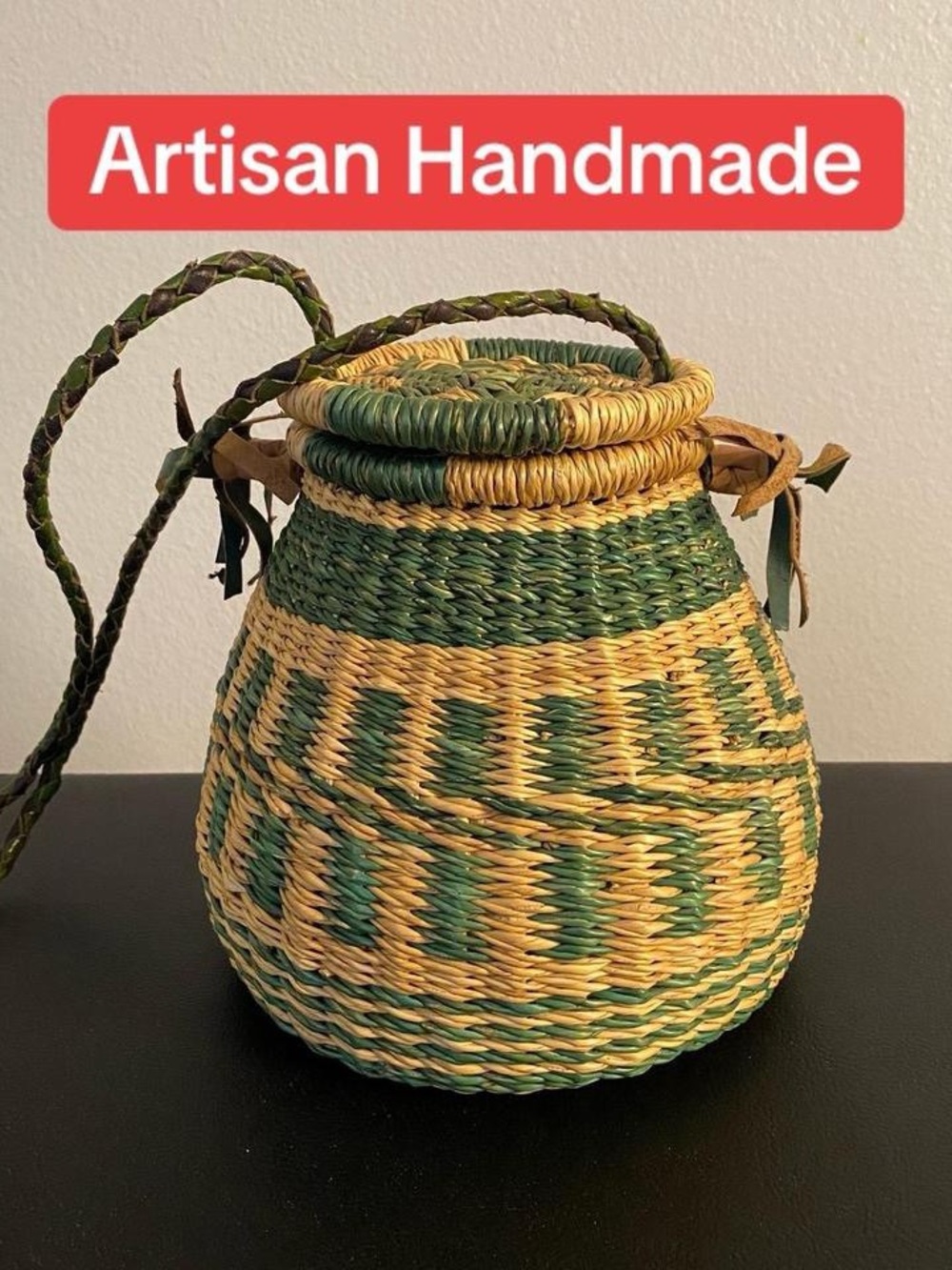 Handmade Green & Natural Woven Crossbody Bag